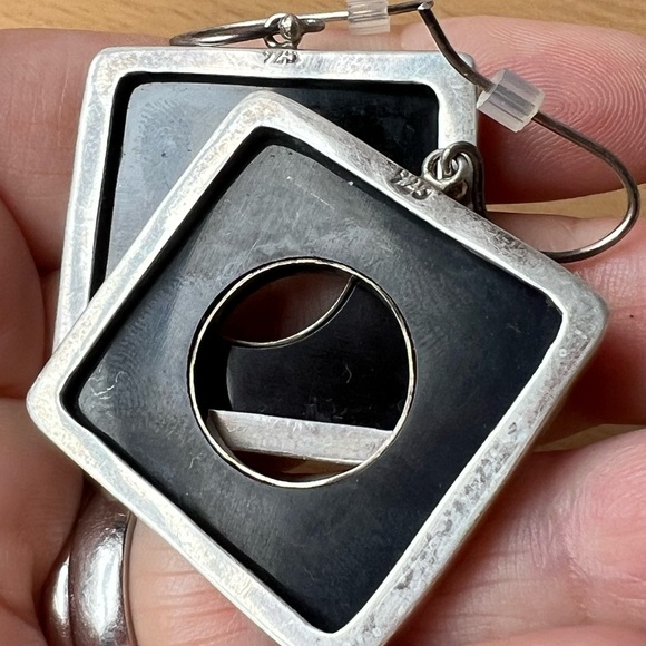 VINTAGE ONYX 925 SS LARGE OVERSIZED STATEMENT DROP DANGLE GEOMETRIC EARRINGS